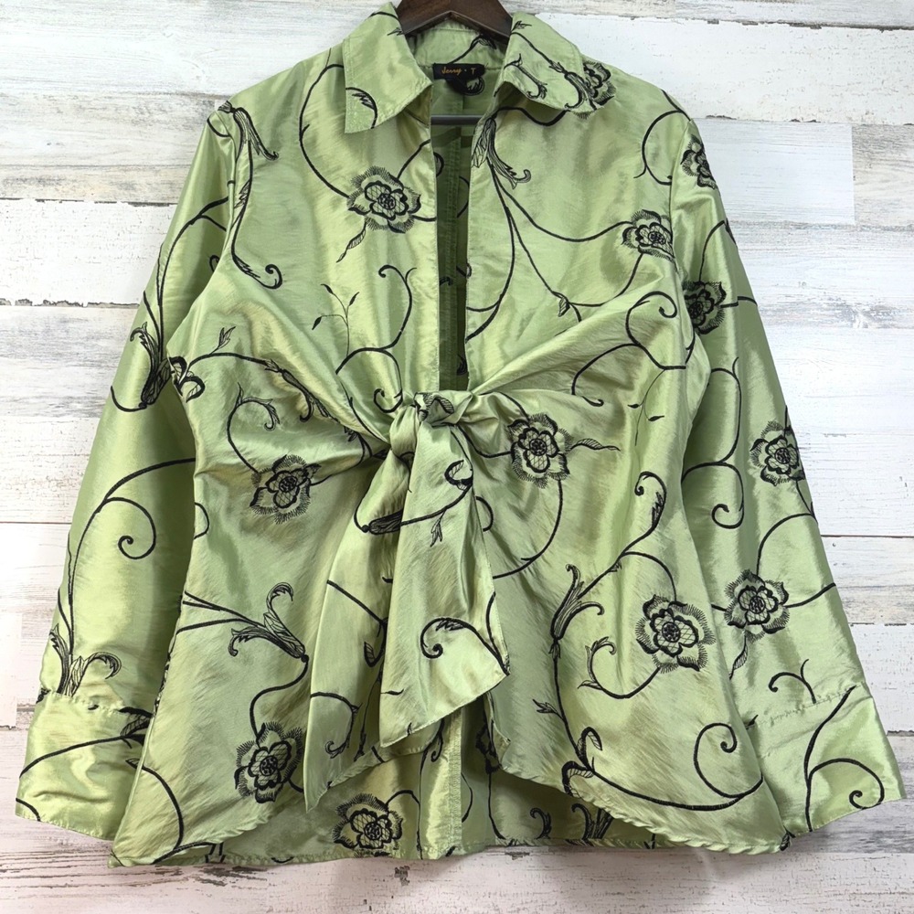 Jerry T Womens XXL Sage Green Black Floral Embroidered Front‎ Tie Blouse Top